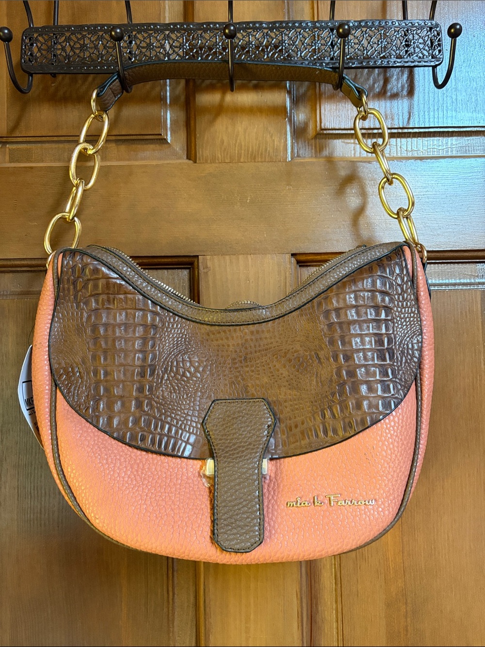 Mia K. Farrow Coral and Brown Croc-Textured Shoulder Bag
